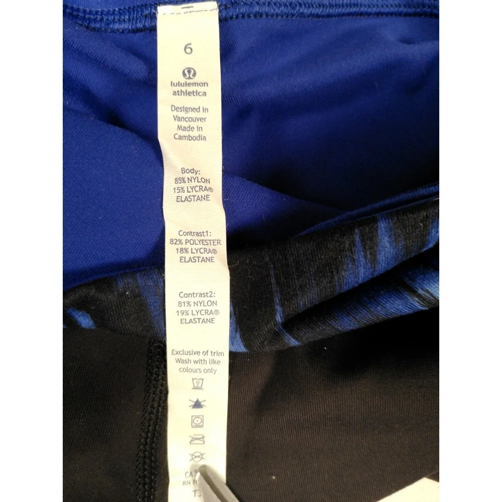 Lululemon Athletica‎ Black Blue Tie Dye Waistband Capris Leggings Women's Size 6